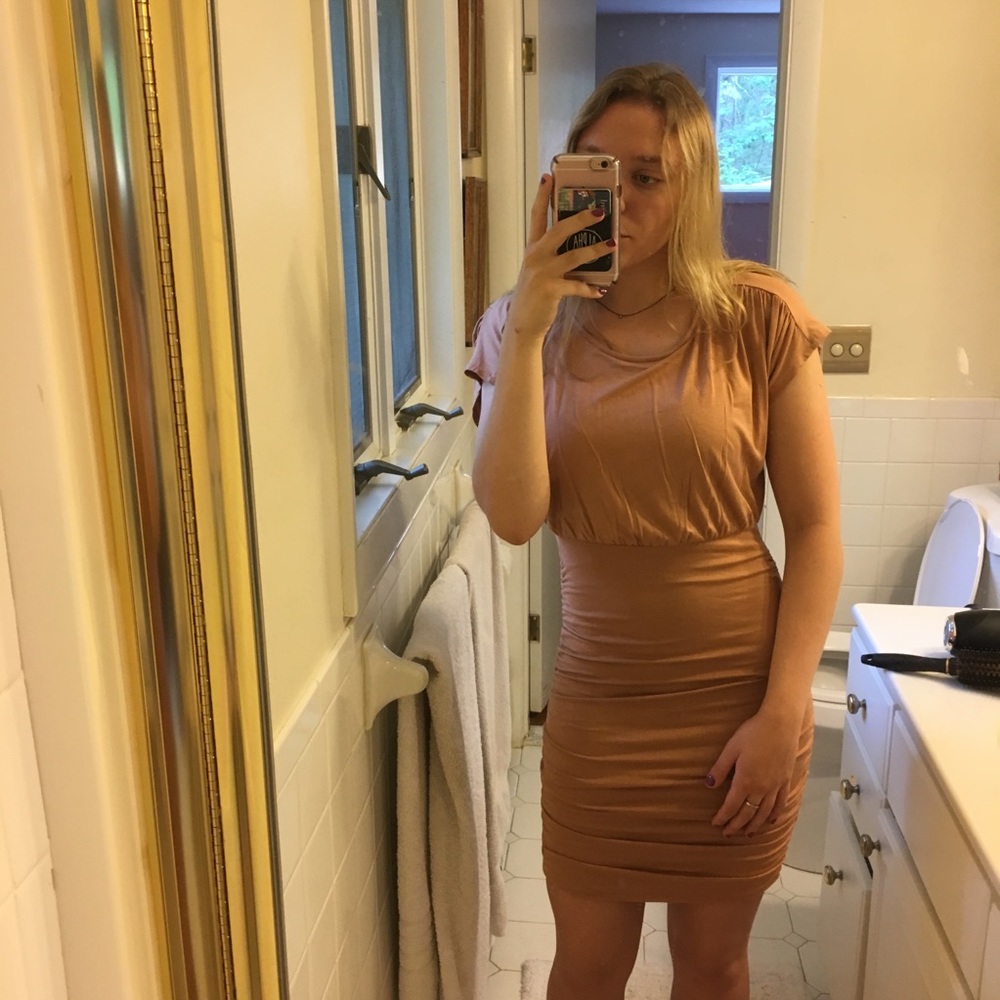 NWOT Tan BodyCon Ruched Dress